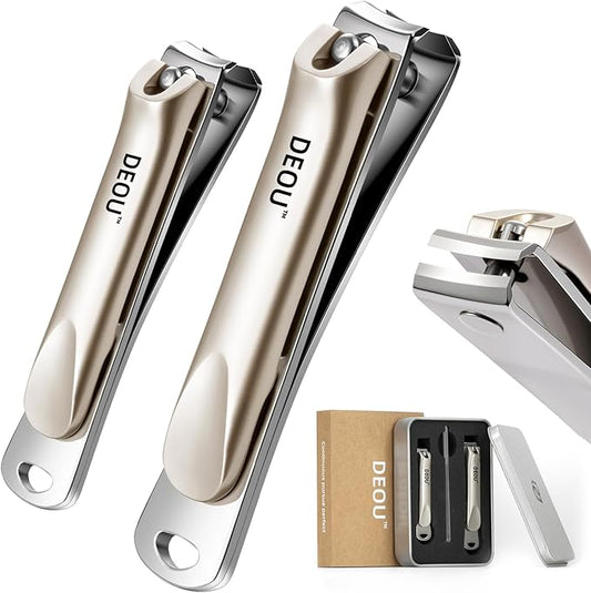 DEOU 3-in-1 Professional Nail Clipper Set - Stainless Steel Large/Medium Flat-Edge Clippers with Built-in Nail File, Champagne-Colored Nail Care Tools, Exquisitely Gift-Packaged for Home & Travel Use