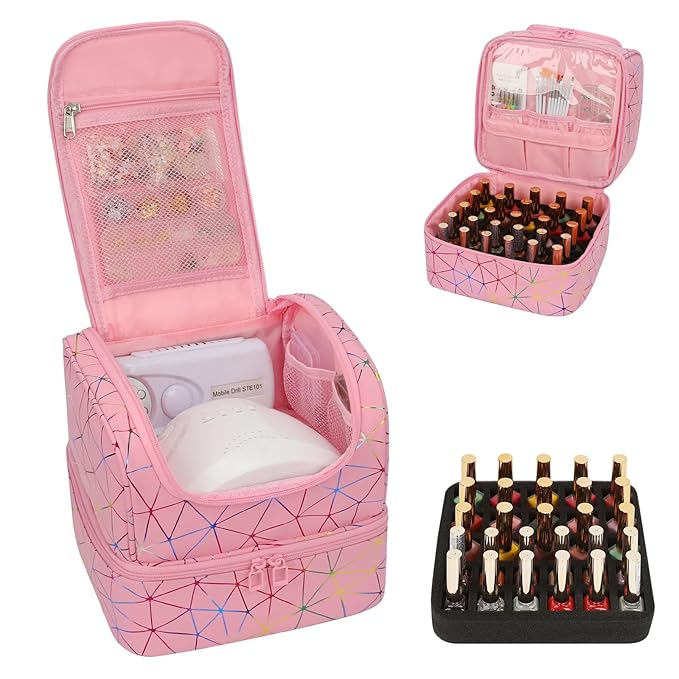 CUBETASTIC Nail Polish Organizer Bag, Double Layer Nail Tech Travel Case Holds 27 Bottles & Nail Lamp, Pink Nail Storage Organizer Box for Supplies, Portable Manicure Case