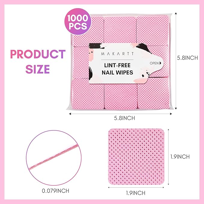 Makartt Lint Free Nail Wipes: Nail Polish Remover Pads 1000PCS Eyelash Extension Glue Wipes, Super Absorbent Soft Gel Nails Wipes Dry Wipes for Nail Prep and Gel Polish Remover, Pink