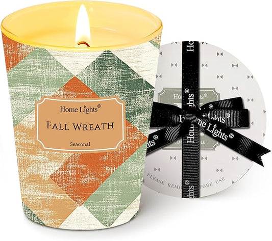 HomeLights Soy Wax Candles for Home Scented, 1-Wick Candles in Fall Wreath Scented, Rustic Modern Aromatherapy Candles Gift for Parties, Relaxing, 6.7oz