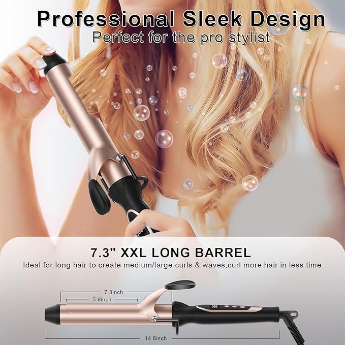 Curling Iron for Salon & Home, 1.25 Inch Instant Heat Curling Wand for Long Hair, Clipped Large Barrel(7.3 in), Professional 1 1/4 (32mm) in Hair Curlers up to 446°F, Dual Voltage Travel Waving Tool