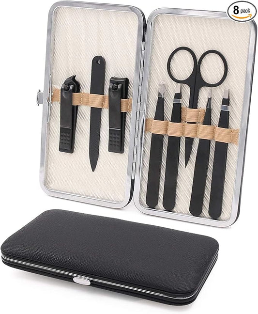 Tweezers and Fingernail Clippers Kit, 8 Pcs Professional Tweezer Nail Clipper Set Stainless Steel Manicure Tools with Case for Men Women
