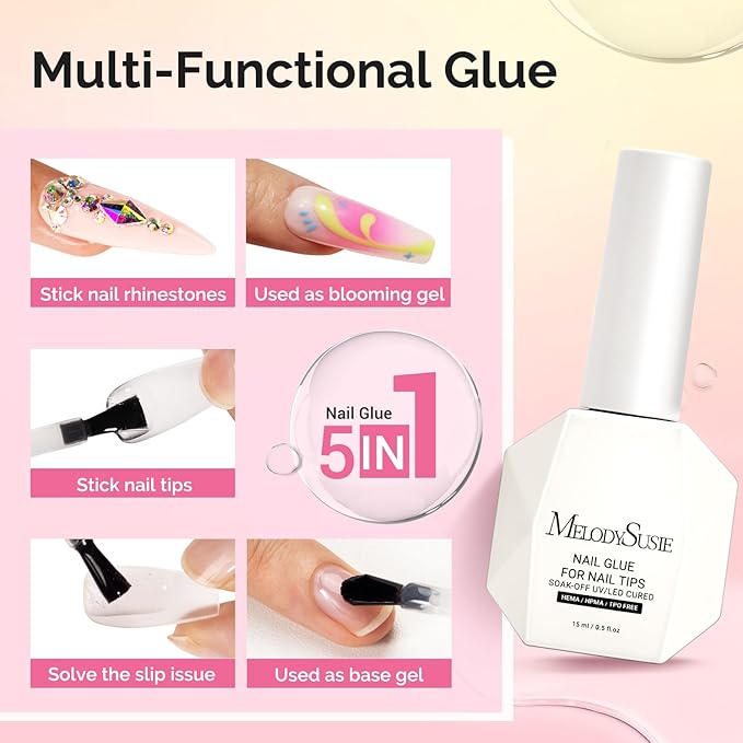 MelodySusie Hema Free Top Coat Base Coat Nail Glue Set Long Lasting Shine Finish Soak Off UV LED Nail Lamp Nail Art Design Manicure Kit Perfect Gifts for Women Girls 3 Pcs 15ml Clear
