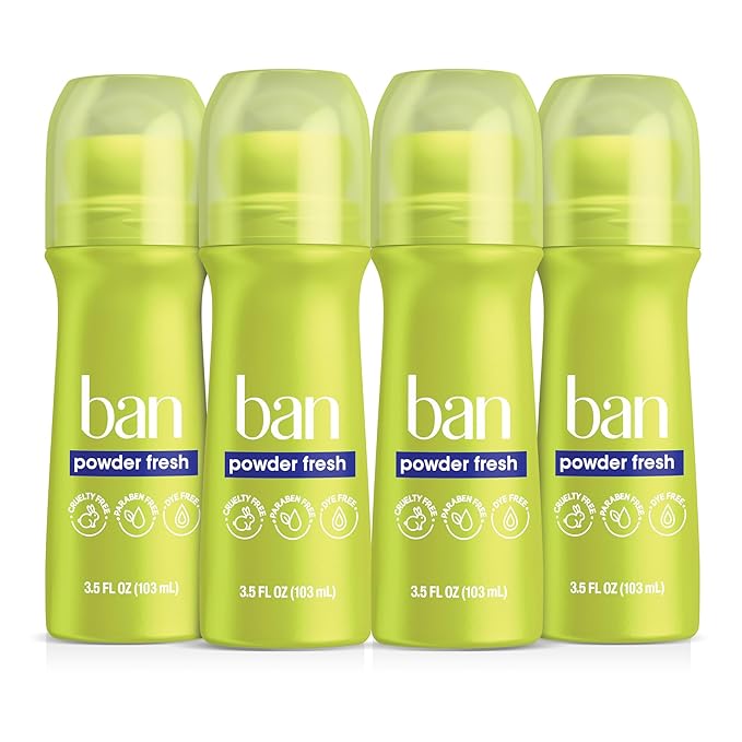 Ban Invisible Roll-on Antiperspirant Deodorant for Women and Men, 24-hour Underarm Odor & Sweat Protection, Powder Fresh, 3.5 Oz, Pack of 4