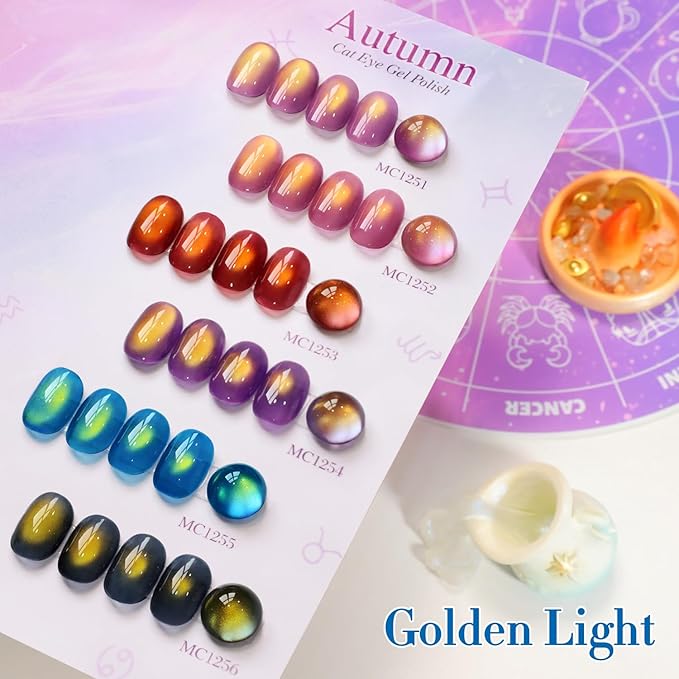 Double Rhythm Cat Eye Gel Nail Polish Set of 6 Same Color Same Bottle 0.5 Oz Shimmer Glitter with Magnet Holographic Reflective Magnetic UV Nail Polish Kit at Home (Golden Autumn Brown-T6-57)