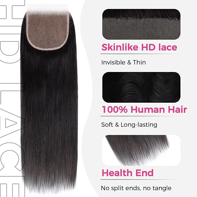 Lashey 5x5 SKINLIKE Real HD Lace Closure Straight, 0.10mm Ultra thin HD Lace Human Hair Closure Pre Bleached Knots Pre Plucked Invisible Hairline 12 Inch Natural Black