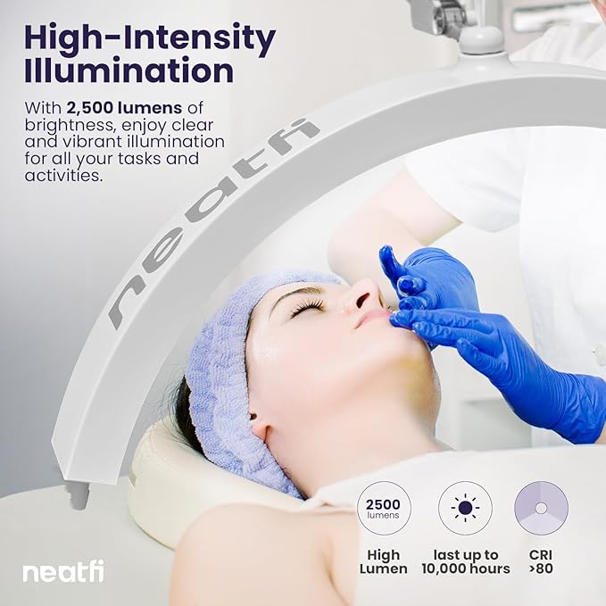 Neatfi Half Moon LED Table Lamp for Estheticians, Nail Tech, and Cosmetician for Manicure Art, Facial, Waxing, Threading and Tattoo, 2500 Lumens, 5 Light Modes (with Clamp, White)