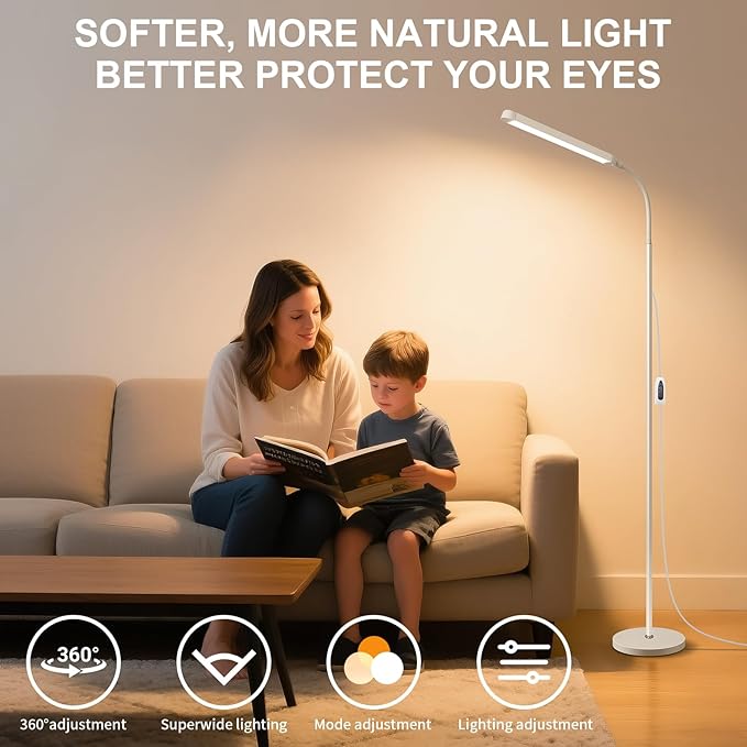 White LED Reading Floor Lamp, Bright 12W Dimmable Standing Light, Adjustable Gooseneck,3 Color Temperatures 5 Gears Brightness, Living Room Bedroom office Library Work makeup tattoo lash Desk Lamp