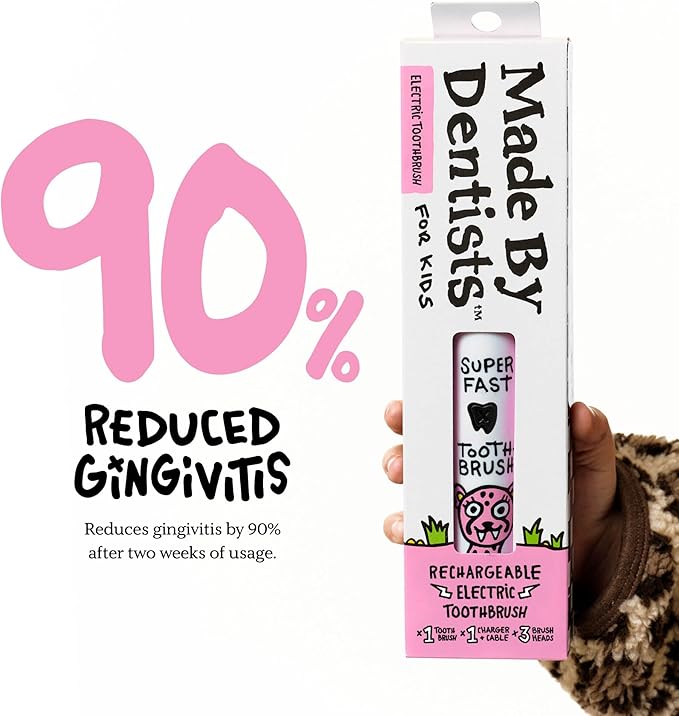 Made by Dentists Kids Electric Toothbrush - Rechargeable Vibrating Toothbrush with Timer, Includes 6 Replacement Heads, Gently Cleans Teeth, Girls and Boys, Kid & Toddlers Age 2+, Cheetah