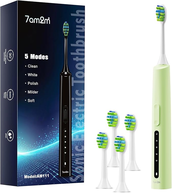 7AM2M Sonic Electric Toothbrush for Adults and Kids, 40000VPM Power Toothbrushes, Fast Rechargeable with 4 Brush Heads, 5 Modes, 2 Minutes Built in Smart Timer, One Charge for 60 Days (Green)