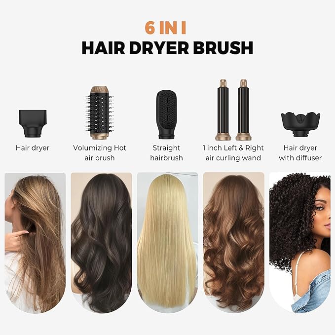 6 in 1 Hair Dryer Brush, Foldable Blow Dryer Brush with Air Styler Curler Wrap, Detachable Hot Air Brush Dry,Volumize, Straight,Curl, Negative Ion Brush Blow Dryer with Diffuser, Hair Styler Tools