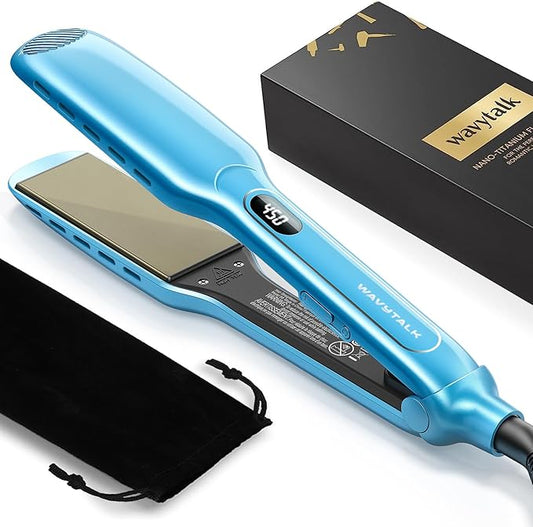 Wavytalk Hair Straightener, 1.7 Inch Wide Vent Sesh Titanium Wet to Dry Flat Iron, Straightener for Damp or Dry Hair (Blue)
