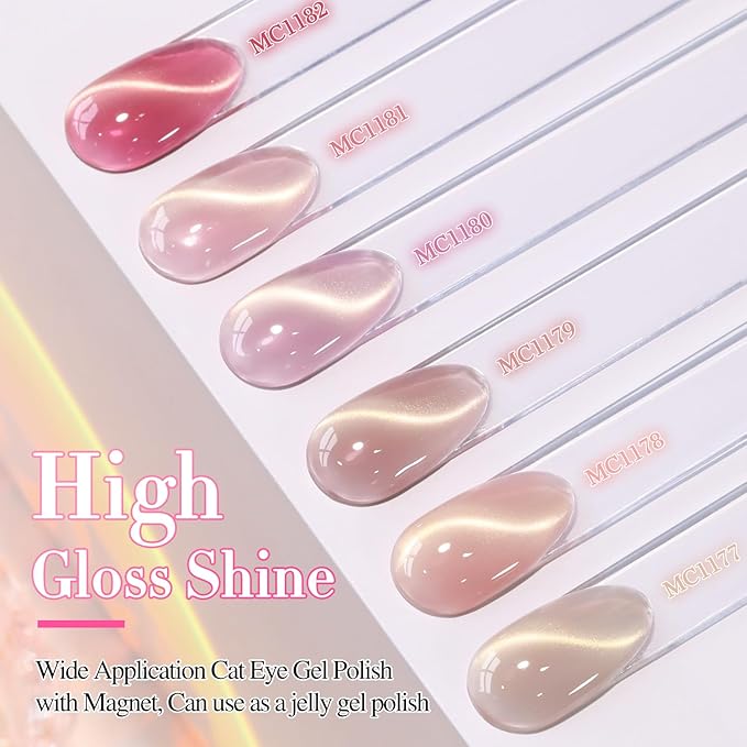 Double Rhythm Cat Eye Gel Nail Polish Set of 6 Same Color Same Bottle 0.5 Oz Shimmer Glitter with Magnet Holographic Reflective Magnetic UV Nail Polish Kit at Home (Glass Nude Pink Rose-T6-32)