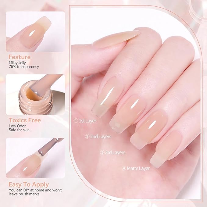 BORN PRETTY Jelly Nude Gel Nail Polish Sheer Translucent Transparent Skin Stone Natural Gel Polish Nail Art DIY at Home 15ML