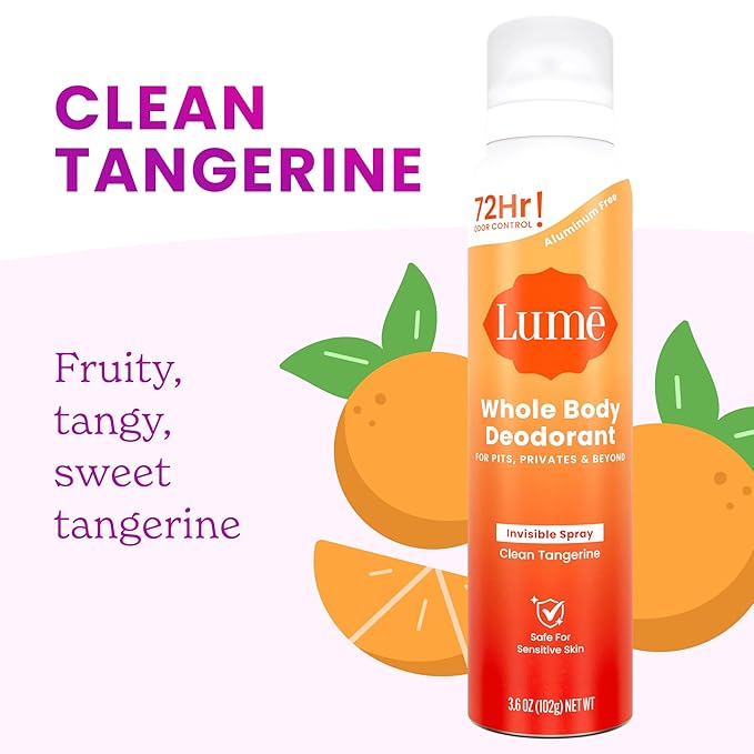 Lume Invisible Spray Deodorant For Women - Whole Body Deodorant Spray - 72 Hr Odor Control - Ozone Friendly, Natural Propellant - Aluminum & Baking Soda Free, Skin Loving - 3.6 ounce (Clean Tangerine)