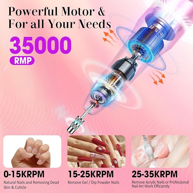 Nail Drill Professional 35000RPM Drils Nail Electric Nail File Nails Drill with 100pcs Sanding Bands and Nail Drill Bits for Acrylic, Gel Nail Manicure & Pedicure