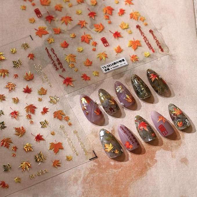Fall Nail Art Stickers 5D Embossed Maple Leaf Nail Decals Autumn Leaves Nails Design Self-Adhesive Nail Art Supplies Fall Maple Leaf Manicure Sliders for Women Thanksgiving DIY Manicure Decorations