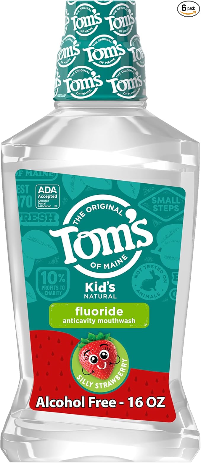 Tom's of Maine Children's Anticavity Fluoride Rinse Mouthwash, Silly Strawberry, 16 Fl Oz (Pack of 6) (Packaging May Vary)