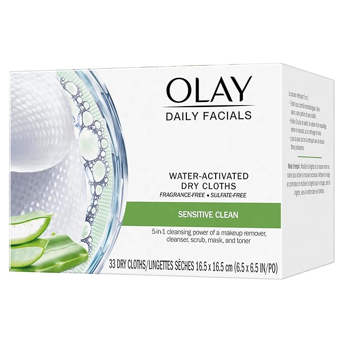 Olay Daily Facials for Clean Sensitive Skin, Makeup Remover Wipes, Soap-Free and Fragrance-Free Cleanser Cloths, 33 Count (Pack of 3)