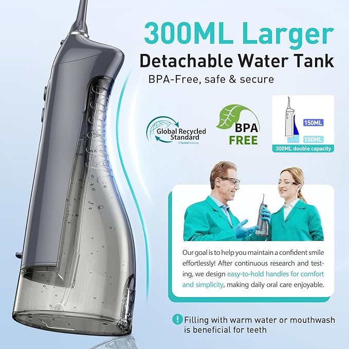 COSLUS Water Dental Flosser Teeth Pick: Portable Cordless Oral Irrigator 300ML Rechargeable Travel Irrigation Cleaner IPX7 Waterproof Electric Flossing Machine for Teeth Cleaning C20(F5020E) Grey