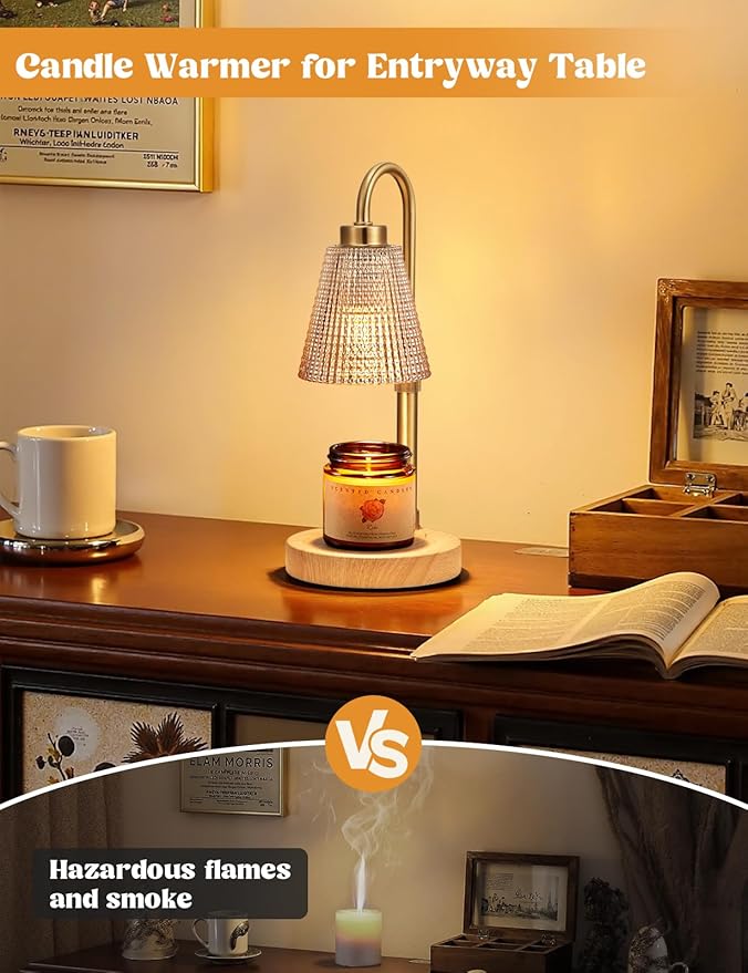 Innqoo Wood Color& Amber Candle Warmer Lamp with Timer, Dimmable Candle Warmer for Jar Candles, Height Adjustable Wax Melts Warmer, Birthday Gifts for Women Mom, House Warming Gifts New Home Decor