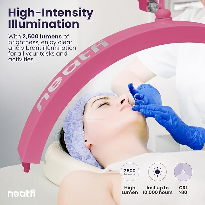 Neatfi Half Moon Swing Arm Table Lamp, 2500 Lumens, CCT Dimming, 5 Light Modes, Professional LED Lighting for Estheticians, Ideal for Nail Art, Facials, and Tattoos (with Base and Clamp, Pink)