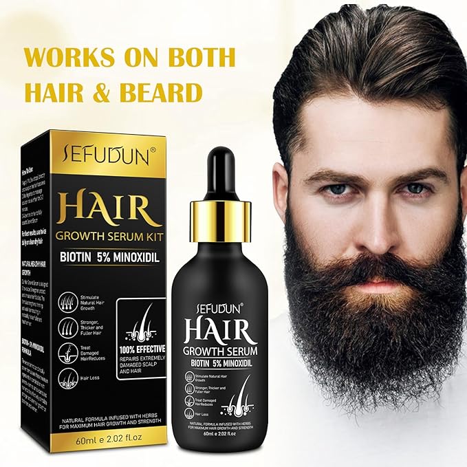 5% Minoxidil for Men and Women with Derma Roller, Hair Growth Serum & Beard Growth Kit, Minoxidil Biotin Hair Regrowth Treatment for Thicker, Fuller Hair - Stop Scalp Hair Loss & Thinning - 2.02 oz