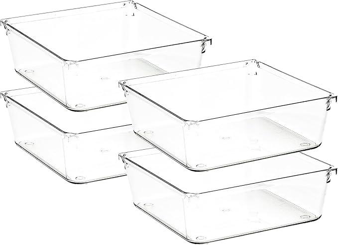 4 Pack Drawer Organizer - 6" X 6" Clear Acrylic Storage Bins with Non-Slip Pads, Versatile Desk Tray for Makeup, Jewelry, Kitchen, Bathroom, and Office Organization