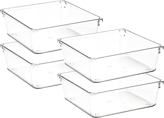 4 Pack Drawer Organizer - 6" X 6" Clear Acrylic Storage Bins with Non-Slip Pads, Versatile Desk Tray for Makeup, Jewelry, Kitchen, Bathroom, and Office Organization