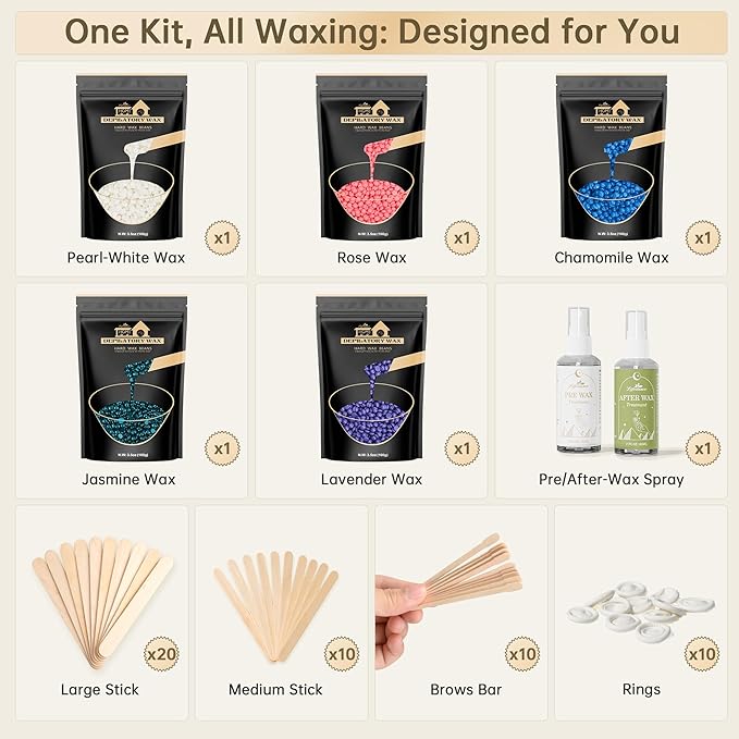 Lifestance Wax Beads Set, 5 Kinds of Waxing Beads, Hard Wax Beans with 57 Items Silicone Spatulas, Perfect for Any Waxing Warmers, Wax Beads for Hair Removal for Bikini Underarm Face Body