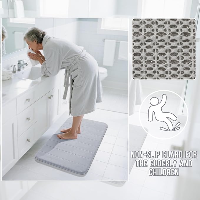 Yimobra Memory Foam Bath Mat, Super Soft Absorbent Bathroom Rug Non Slip, Quick Dry, Machine Washable Floor Carpet for Tub Shower, Home Decor Accessories, 24x17, Silver