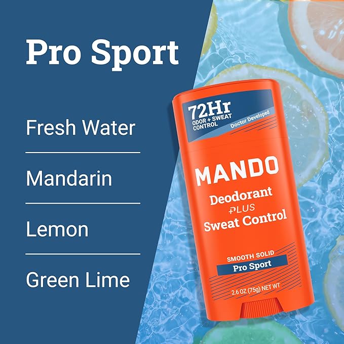 Mando Antiperspirant Deodorant Sweat and Odor Control for Men – Extra Strength Smooth Solid Stick – 72 Hour Performance – Baking Soda Free, Skin Safe – 2.6 oz – Pro Sport – Pack of 2