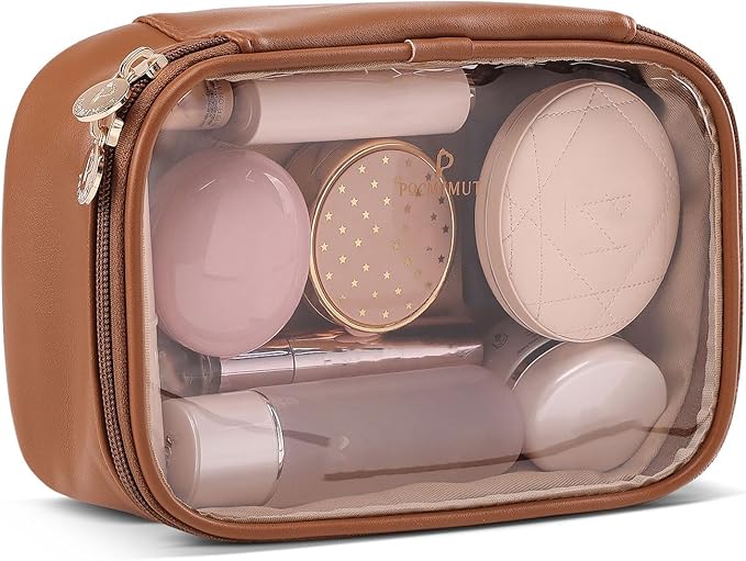 Pocmimut Clear Makeup Bag,Small Makeup Bag Travel Make Up Bag Pouch Purse Car Accessories Storage for Travel Essentials Organizers,Brown