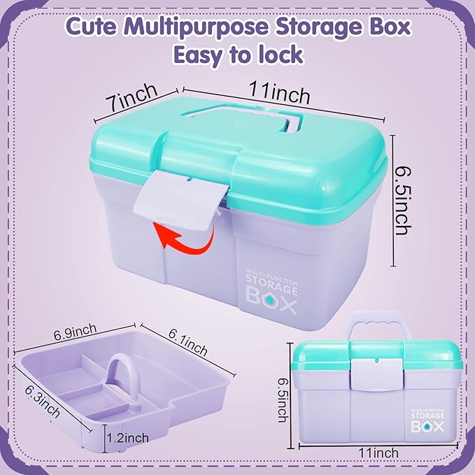 11in Mutipurpose Storage Box Organizer with Removable Tray, Portable Small Craft Organizer with Handle, Plastic Clear Tool Box Art Case for Makeup, Sewing, Nail, Hair Accessories (Purple Blue)