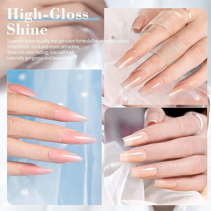 RARJSM Nude Gel Nail Polish Set of 6 Transparent Colors 7.5ml Clear Purple Sheer Wine Red Milky Mavue French Manicure LED UV Gel Soak Off Curing Requires Home