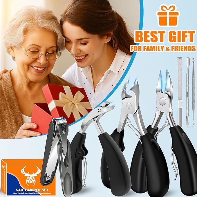 Heavy Duty Toenail Clippers Set for Seniors Thick Toenails, 7-in-1 Nail Clippers with Catcher, Professional Long Handle Ingrown Toenail Clippers for Men, Fingernail Manicure Pedicure Kit