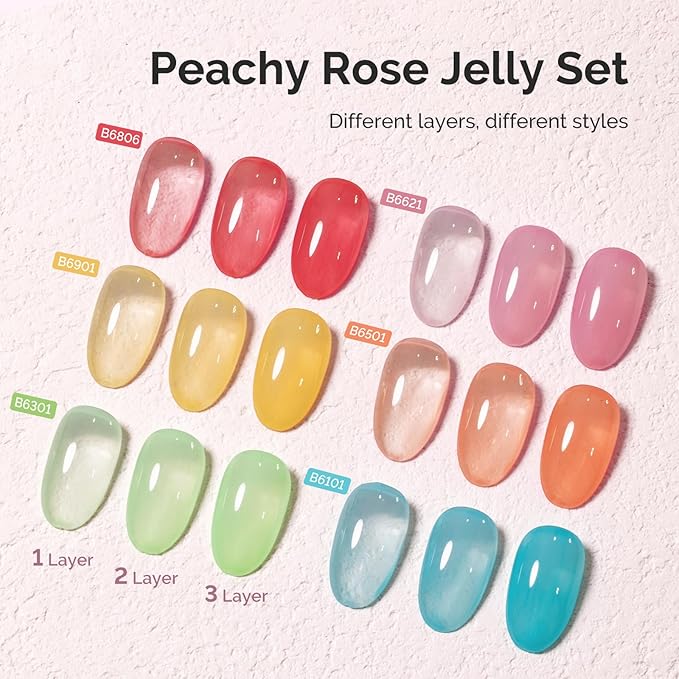 MelodySusie Jelly Gel Nail Polish Set,6 Transparent Colors,Milky or Jelly Texture,Spring and Summer Macaron Colors Soak Off UV LED Light Cure or Salon Manicure and Nail Art DIY at Home
