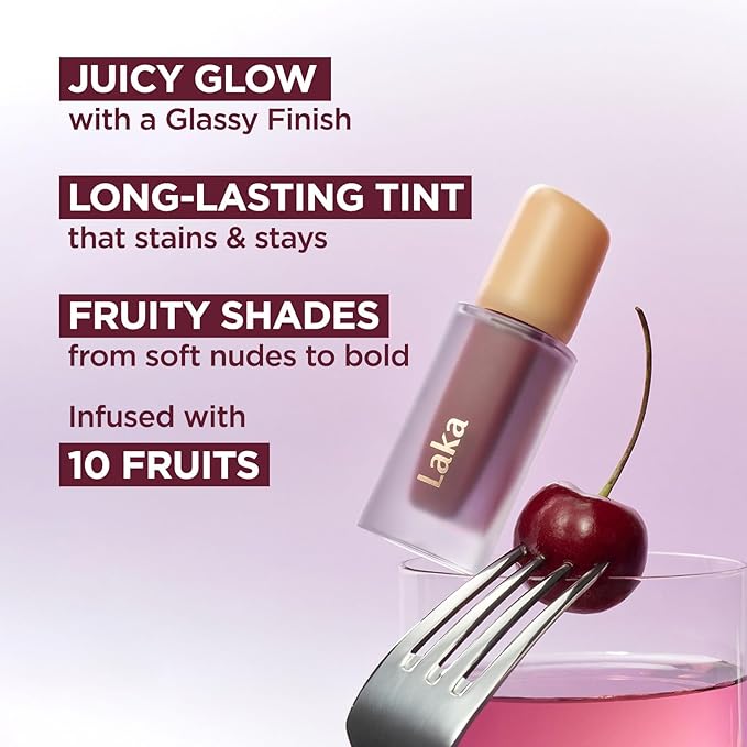 Laka Fruity Glam Tint, 4.5g/0.15oz, Glowing Lip Stain with Wide Color Spectrum, Hydrating & Lightweight Texture, Long-Lasting Bold Stain, Non-Sticky, Vegan, K-Beauty (#115 Envy)