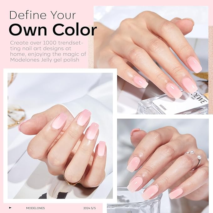 modelones Milky Pink Gel Nail Polish, 15 ML Nude Pink Tones Baby Pink Bubble Bath Nail Art Translucent Jelly Polish Design for Women Girl Nail Lovers Gift Salon DIY Summer Gel Manicure