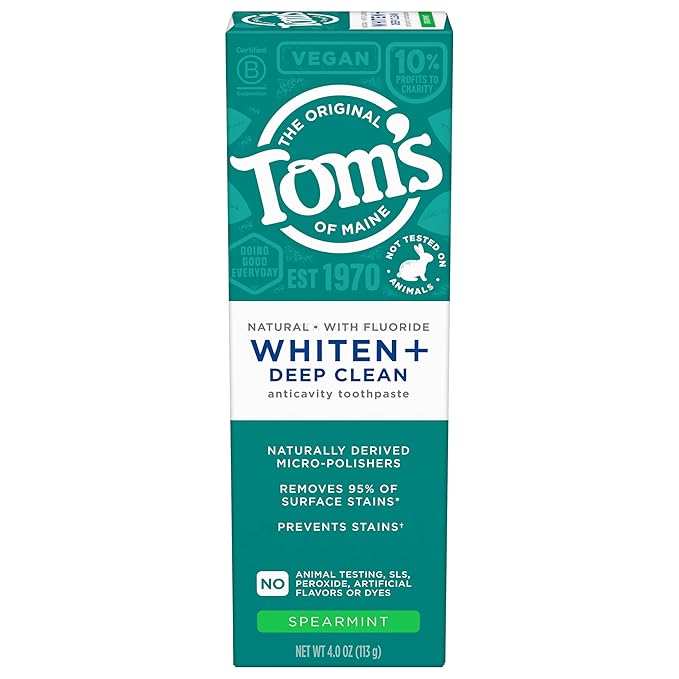 Tom's of Maine Whiten Plus Deep Clean Whitening Toothpaste, Natural Whitening Toothpaste with Plant-Based Cleansers, Enamel Safe Formula, Whitens Without Causing Sensitivity, Spearmint, 4.0 Oz