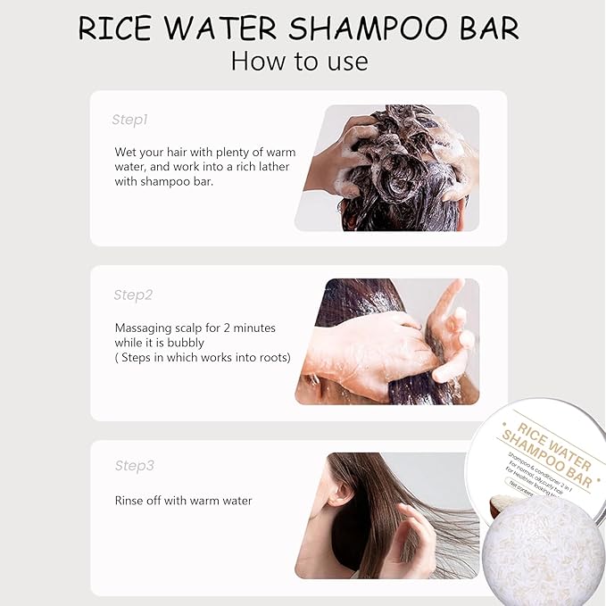 2 in 1 Rice Water Shampoo & Conditioner, 2 Pcs Natural Rice Water Shampoo Bar for Hair Improve, Hydrating & Moisturizing Dry Hair, Reducing Frizz Solid Bar Soap for Women and Men