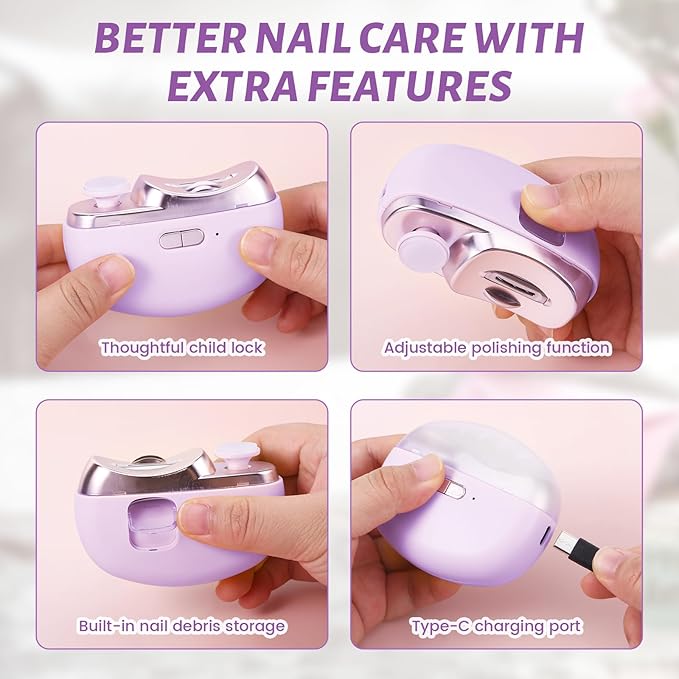 3 in 1 Electric Nail Clipper for Seniors, Baby Nail Trimmer Electric Automatic Trimmer, Safe Electric Toenail Clippers Nail File Tools for Adult, Manicure Kit Grinder with Polishing(Purple)