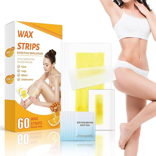 Wax Strips for Hair Removal, Waxing Kit For Women, 60 Pcs - 40 Body Wax Strips, 20 Pcs for Face, 6 Cleansing Oil Towelettes Suitable for Face/Legs/Underarms/Bikini