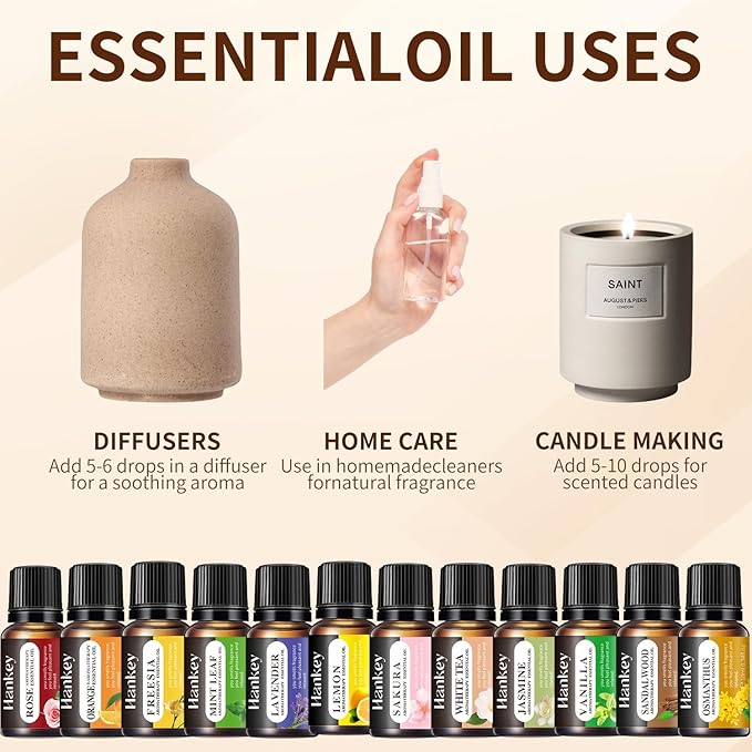 Premium Essential Oils Gift Set, 12 Aromatherapy Blends for Diffusers, Home Care, Candle Making-Rose, Orange, Freesia, Mint, Sakura, Lavender, Lemon, White Tea, Jasmine, Vanilla, Osmanthus, Sandalwood