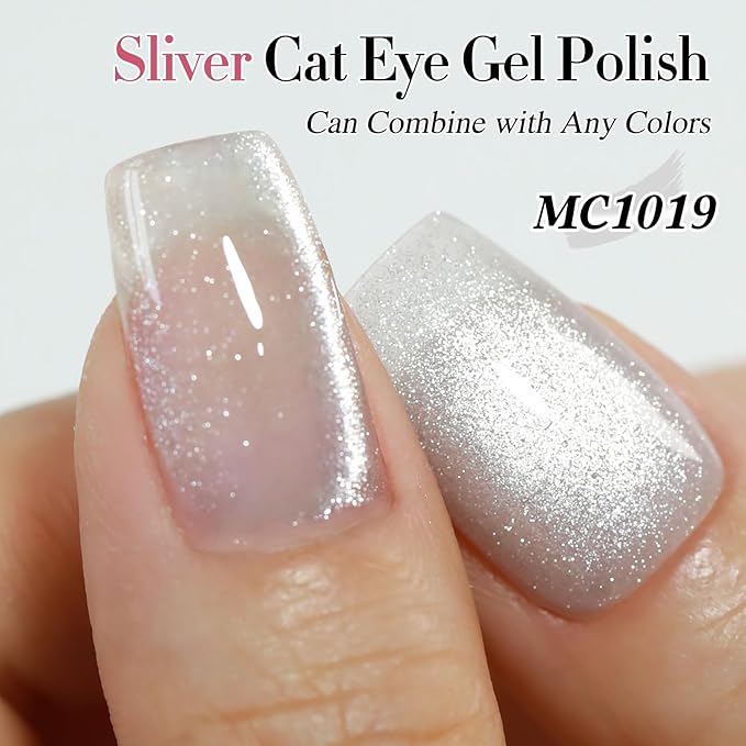 Double Rhythm 0.5 OZ Cat Eye Gel Polish with Magnet 15ML Holographic Glitter Shimmer Translucent Jelly Color Magnetic Polish Salon DIY at Home (Silver-MC1019)