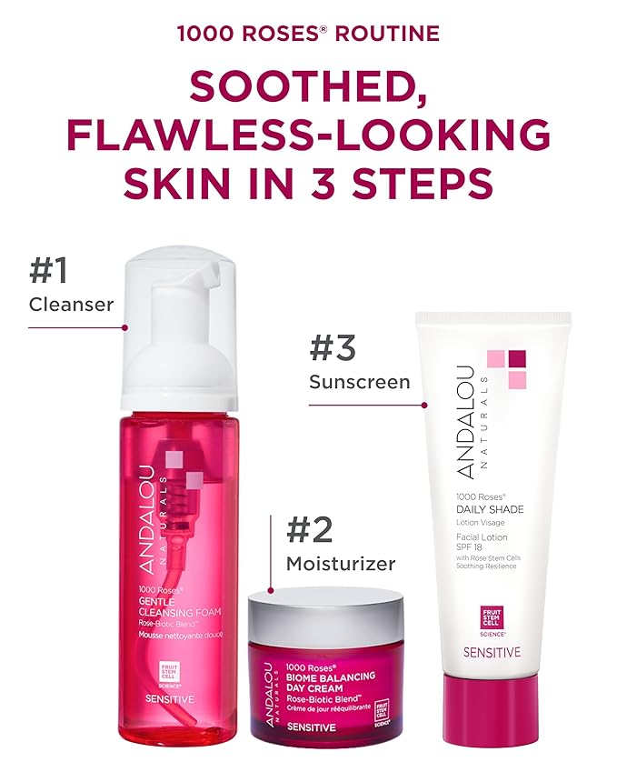 Andalou Naturals 1000 Roses Daily Shade Facial Lotion SPF 18 - 2-in-1 Skin Moisturizer & Face Sunscreen - Ultra Sheer & Hypoallergenic Skincare for Sensitive Skin - With Aloe Vera - 2.7 fl oz