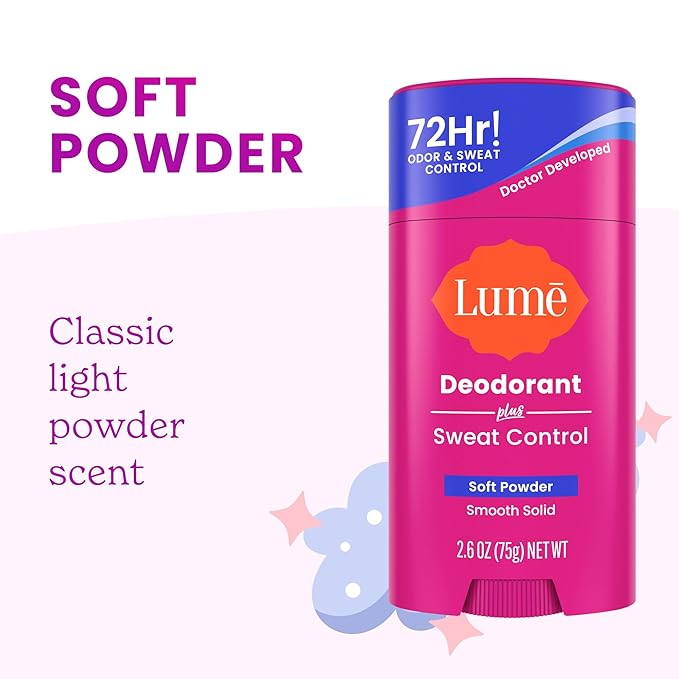 Lume Deodorant Plus Sweat Control - Smooth Solid Stick - Extra Strength Antiperspirant - 72 Hour Odor And Sweat Control - Baking Soda Free, Skin Loving - 2.6 ounce (Soft Powder) Pack of 2