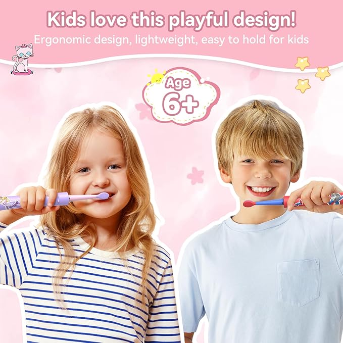 JTF Kids Electric Toothbrush Rechargeable: Sonic Tooth Brush with Smart Timer 5 Brushing Modes 4 Soft Brush Heads IPX7 Waterproof and DIY Sticker, Portable Pink Children Toothbrushes for Girl, Ages 3+