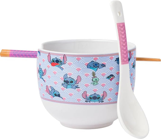 Silver Buffalo Lilo and Stitch Scrump Waves Japanese Pattern Ceramic Ramen Noodle Rice Bowl with Chopsticks and Spoon, Microwave Safe, 20 Ounces