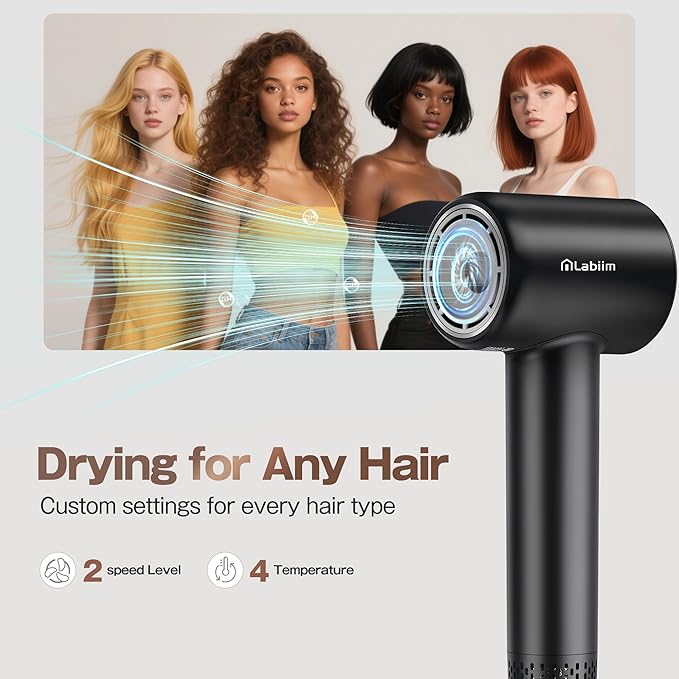 Hair Dryer, High-Speed Ionic Low Noise Blow Dryer with Brushless Motor for Fast Drying, Thermo-Control Quiet Compact Hair Blow Dryer, Hairdryer with 1 Nozzle Attachments for Home Salon Travel